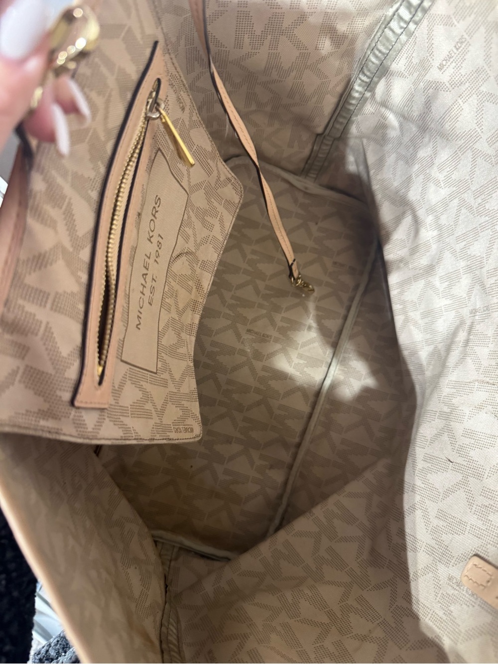 Michael Kors Brown Monogram Tote with Beige Trim and Gold Charm - Picture 4 of 4